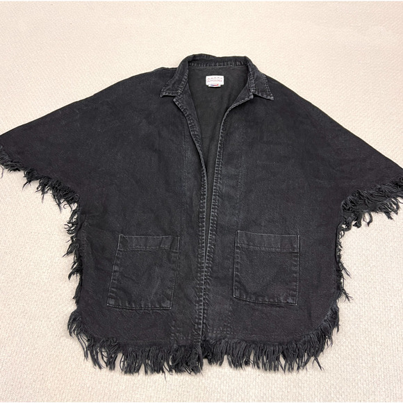 Vtg Sundance Fringe Poncho Jacket Womens Small Black Canvas Western Boho - Picture 1 of 8